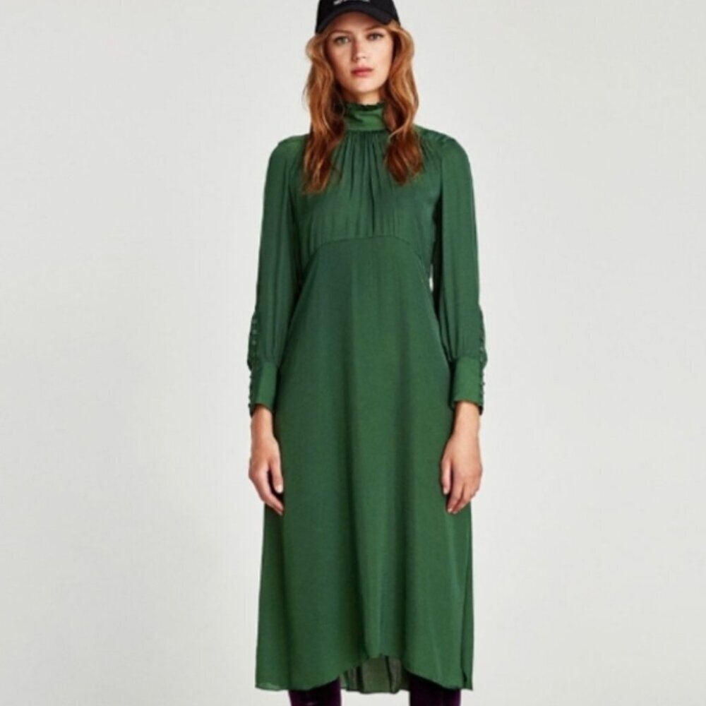 NWT ZARA Elegant Satin Long Sleeve Mock Neck Midi Dress Size Small $80 - Picture 2 of 11